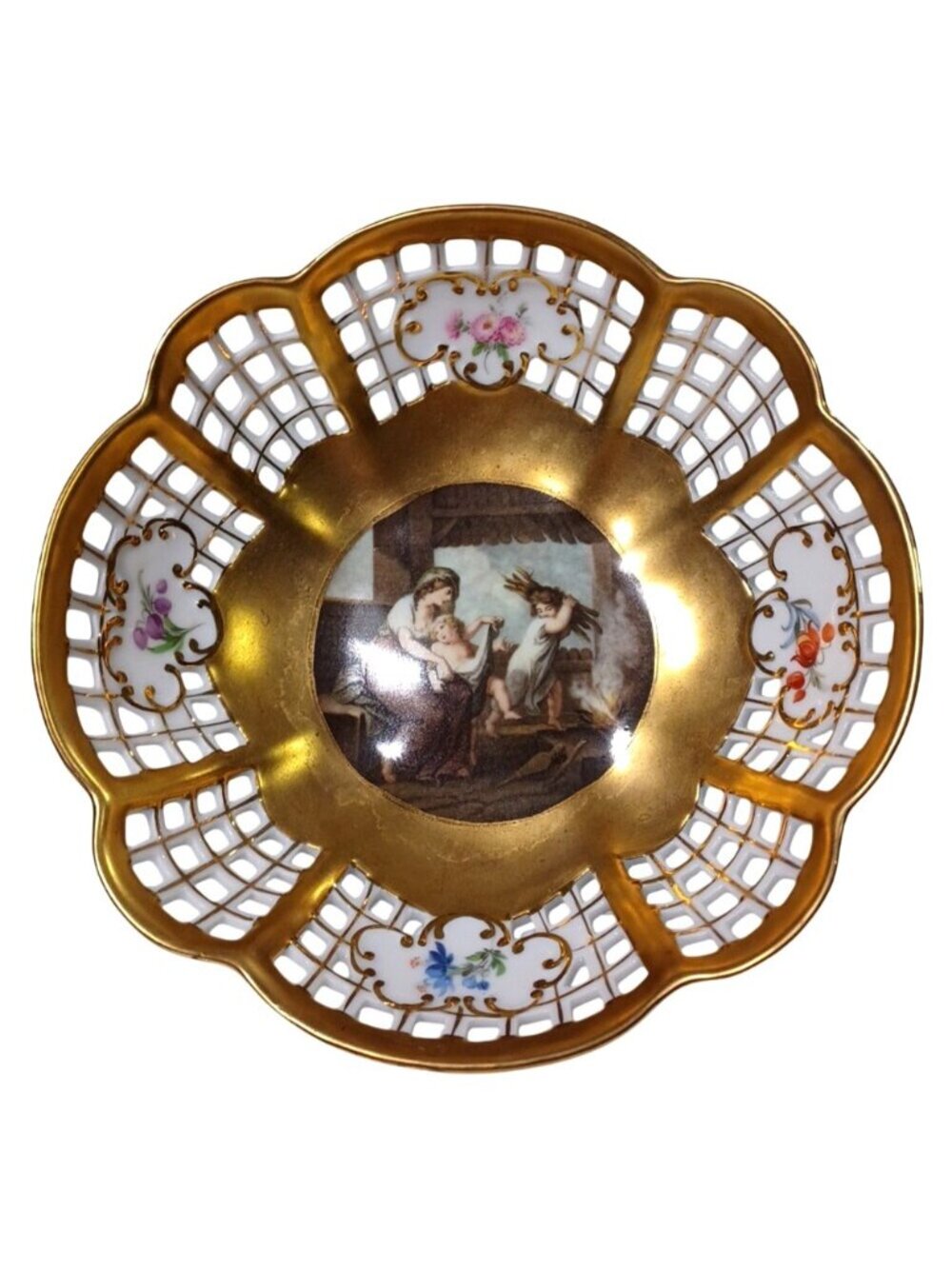 Antique Royal KPM Gold Reticulated Bowl With Pastoral Scene Hand-Painted Floral